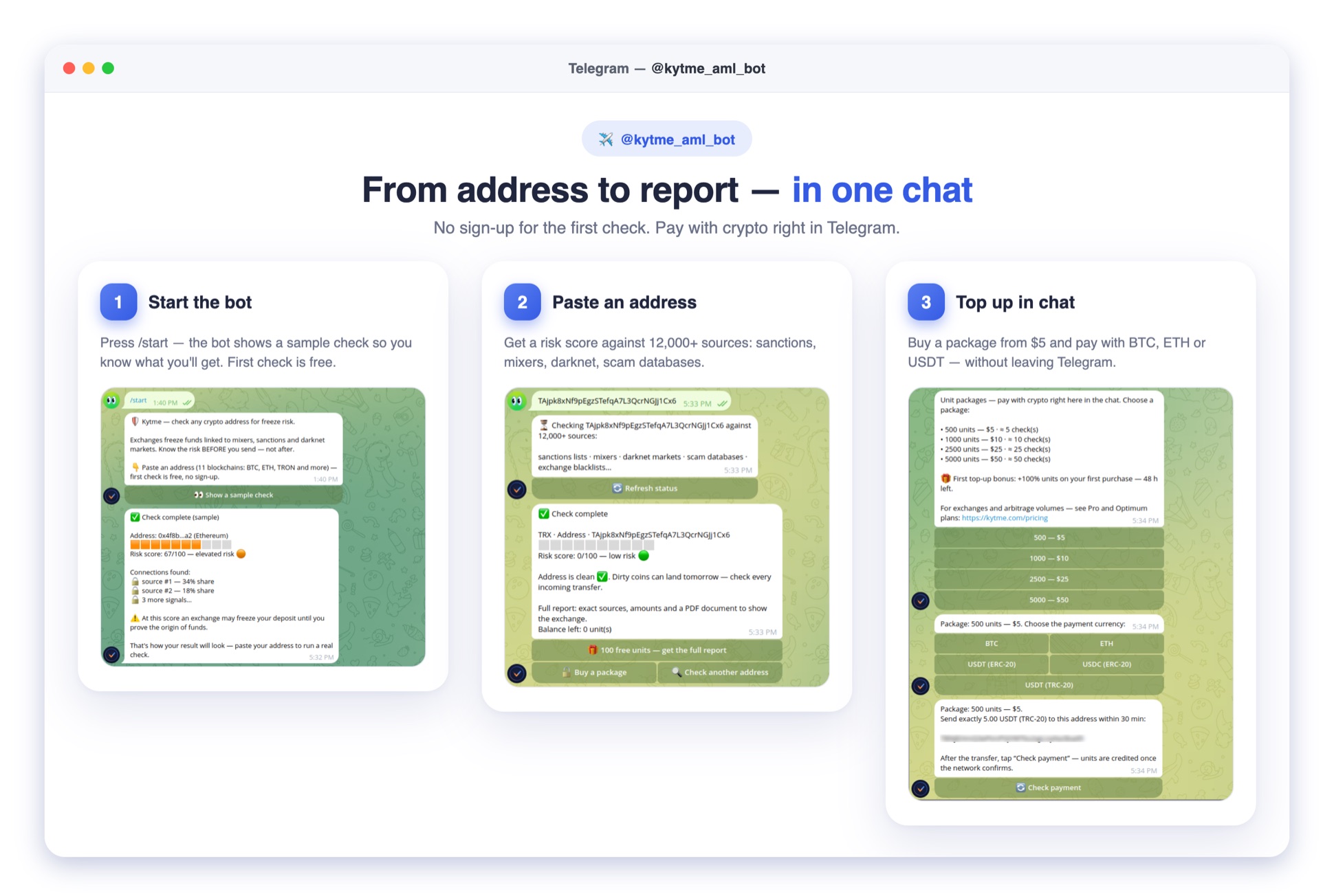 Kytme Telegram bot in three steps: start the bot, paste an address to get a risk score, top up with crypto in the chat.