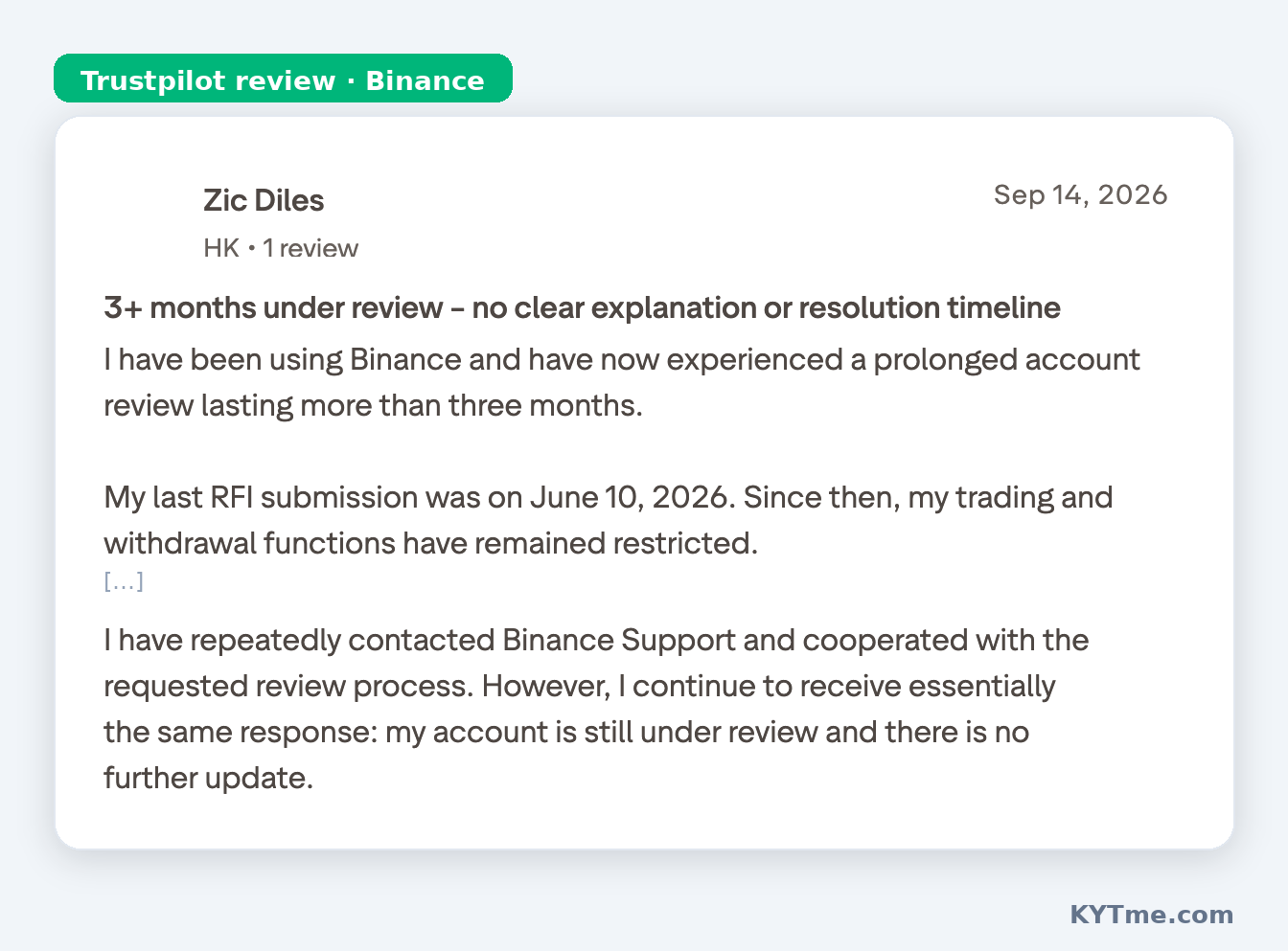 Mais de três meses depois de uma resposta à RFI, a conta da Binance continua restrita