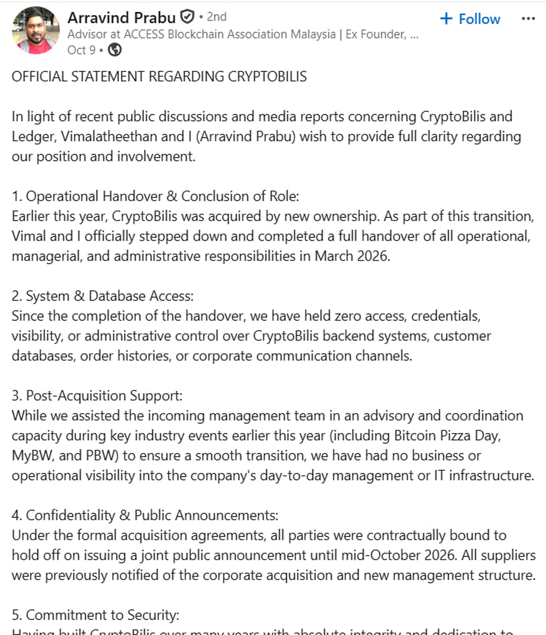 Statement by the former CryptoBilis founders on the change of ownership