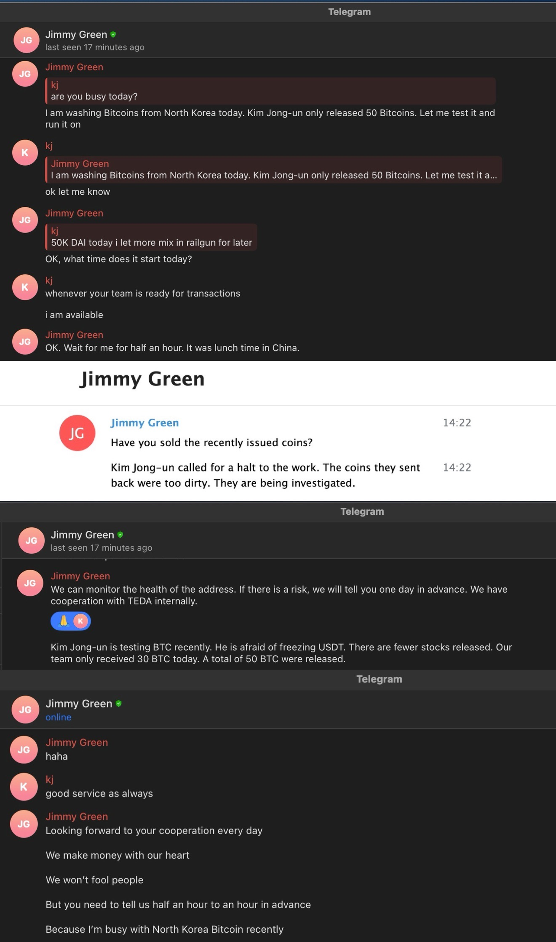 «I am washing Bitcoins from North Korea today»: Jimmy on working for North Korea (source: ZachXBT)