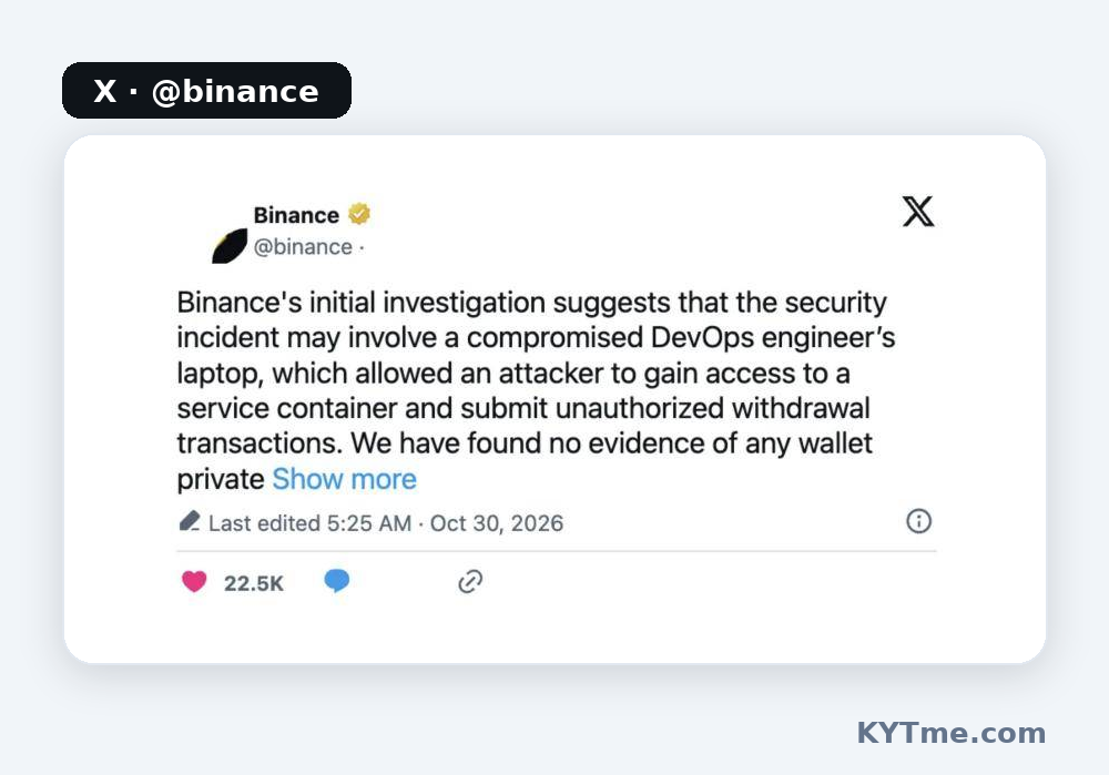 Binance: o ataque pode ter começado com o laptop comprometido de um engenheiro de DevOps