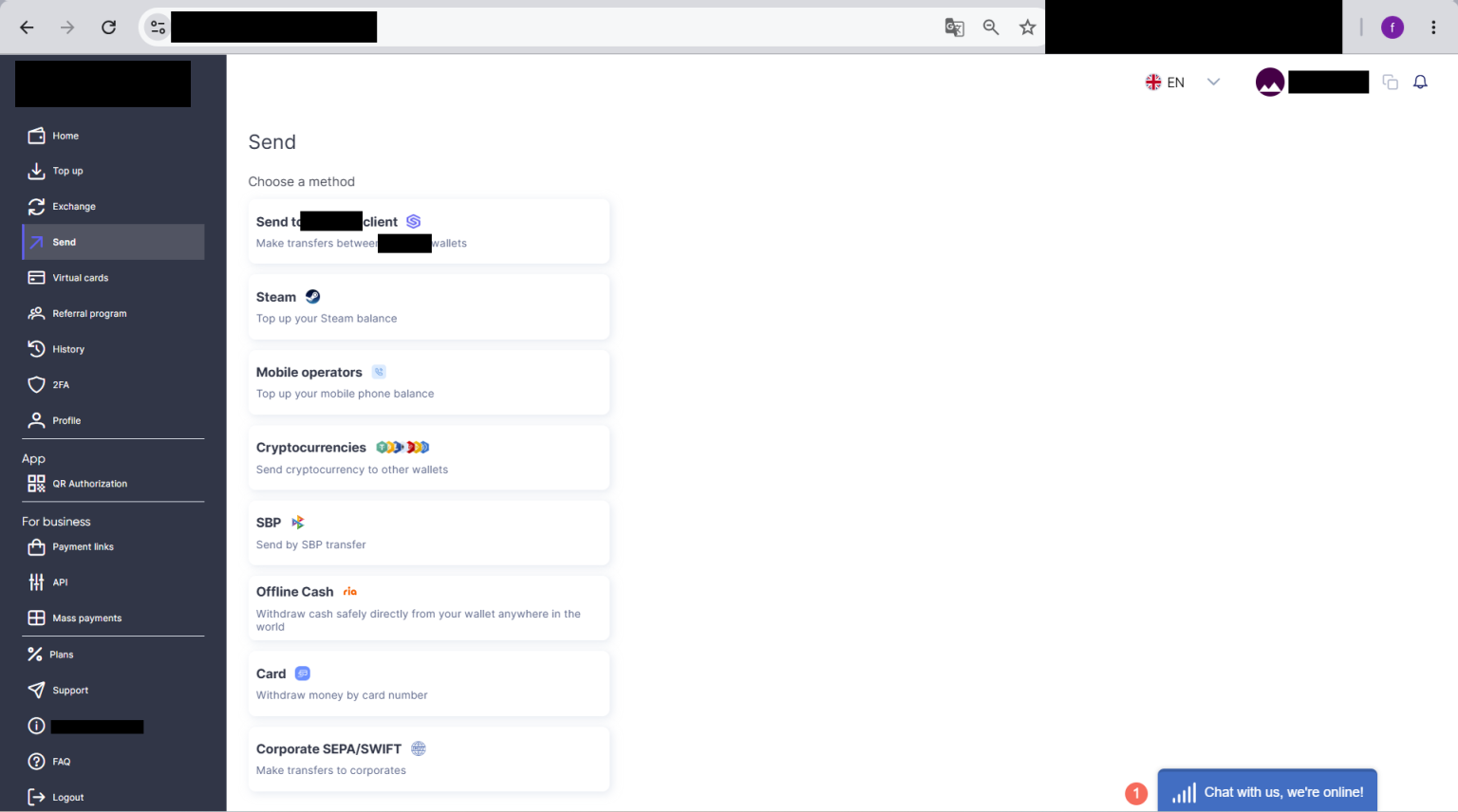 Captura do antigo menu de envio de recursos. Site antigo: menu de envio de recursos com opções de Steam, operadoras de celular, criptomoedas, SBP, saque em espécie, cartões e transferências corporativas SEPA/SWIFT. (em 17 de junho de 2026)
