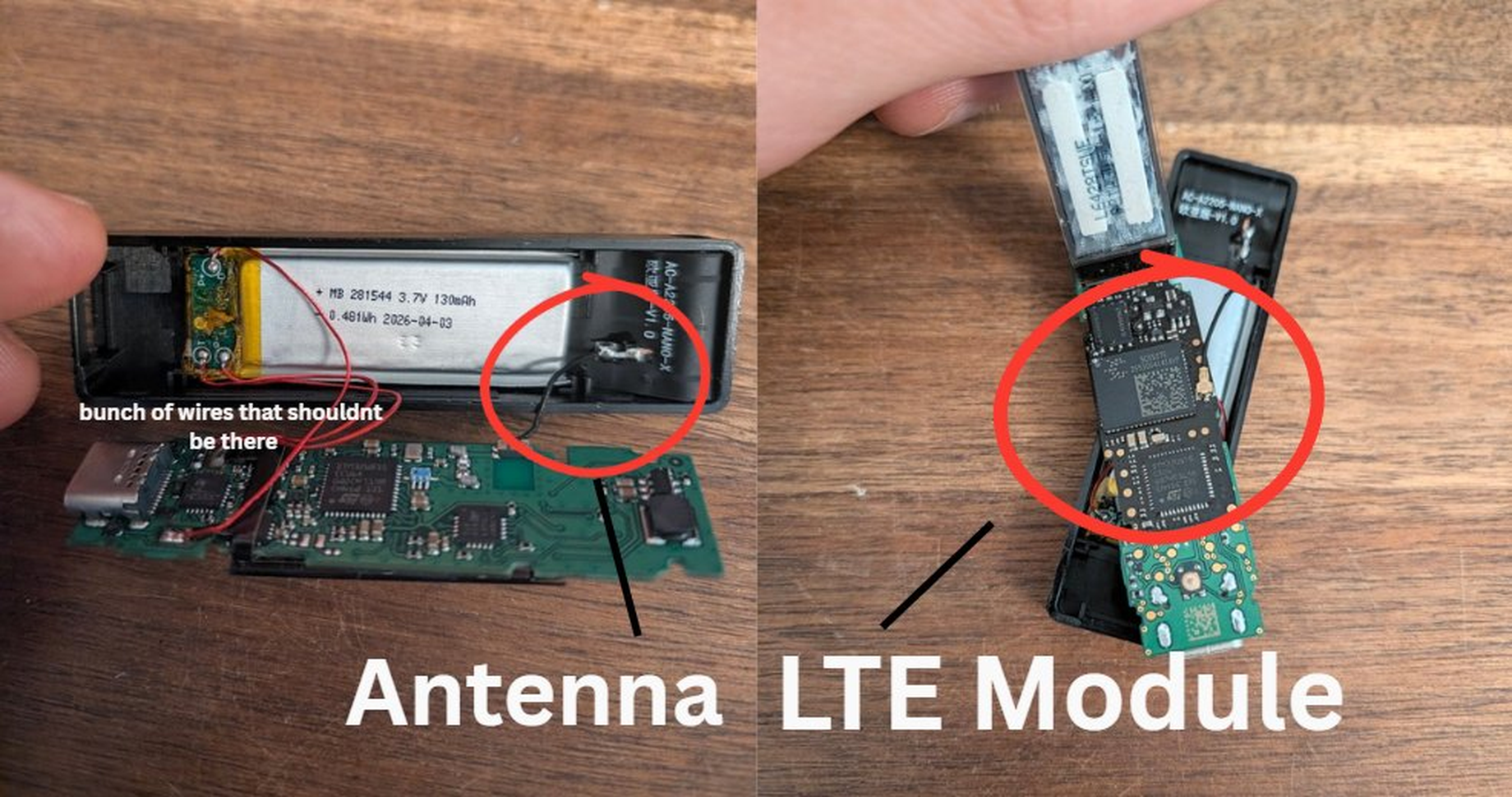 The implant inside a Ledger Nano X: extra wires, an antenna and an LTE module (source: X)