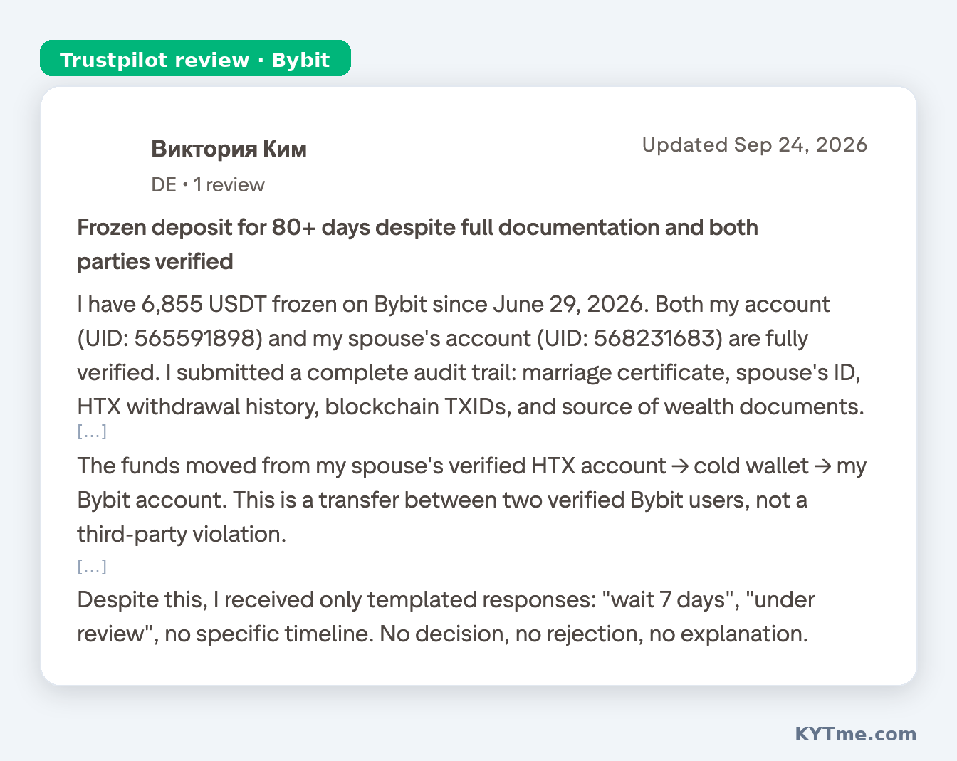 6,855 USDT congelados por mais de 80 dias após uma transferência de um cônjuge