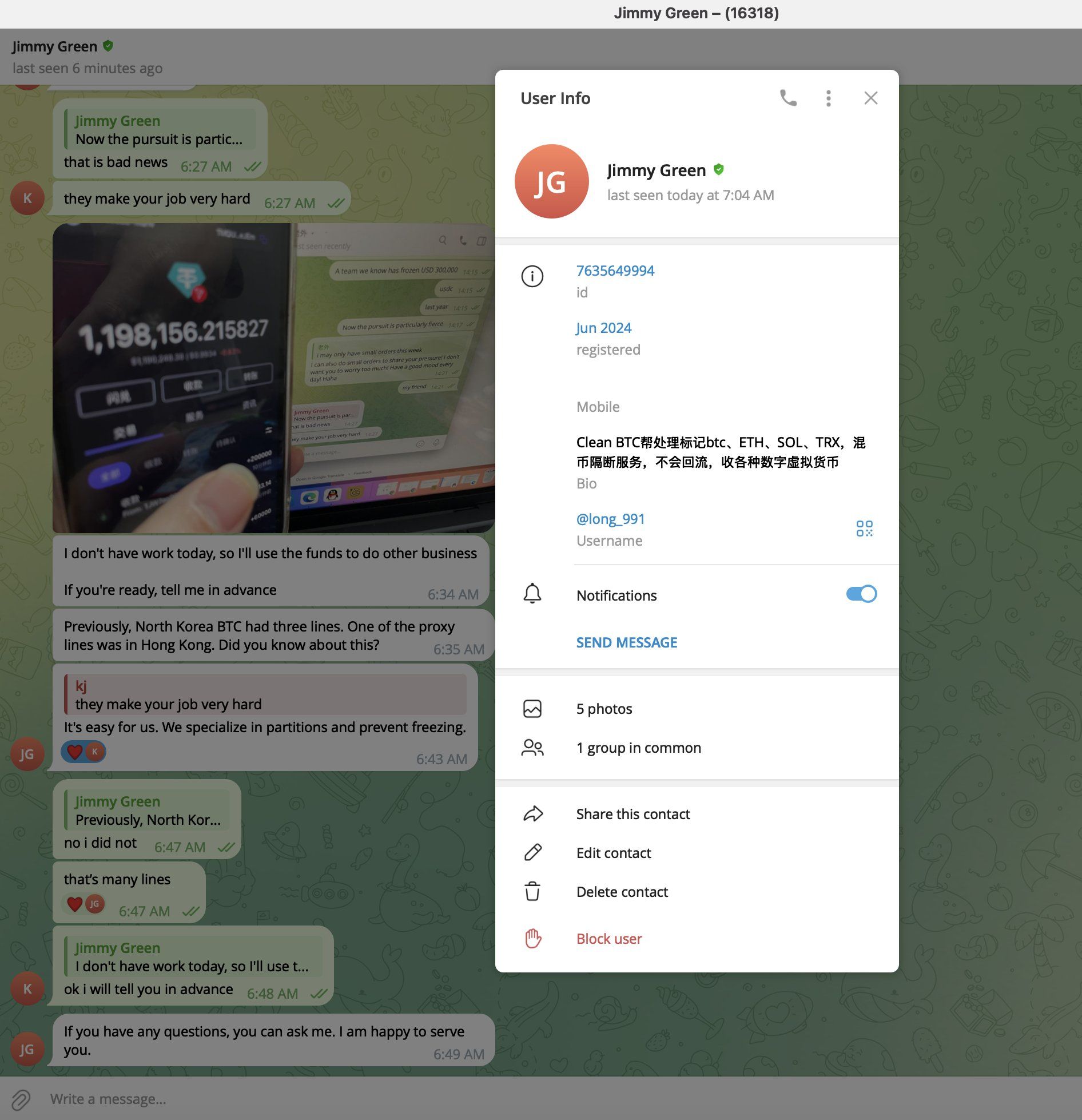 Jimmy Green's Telegram profile: the bio advertises processing of «marked» coins (source: ZachXBT)