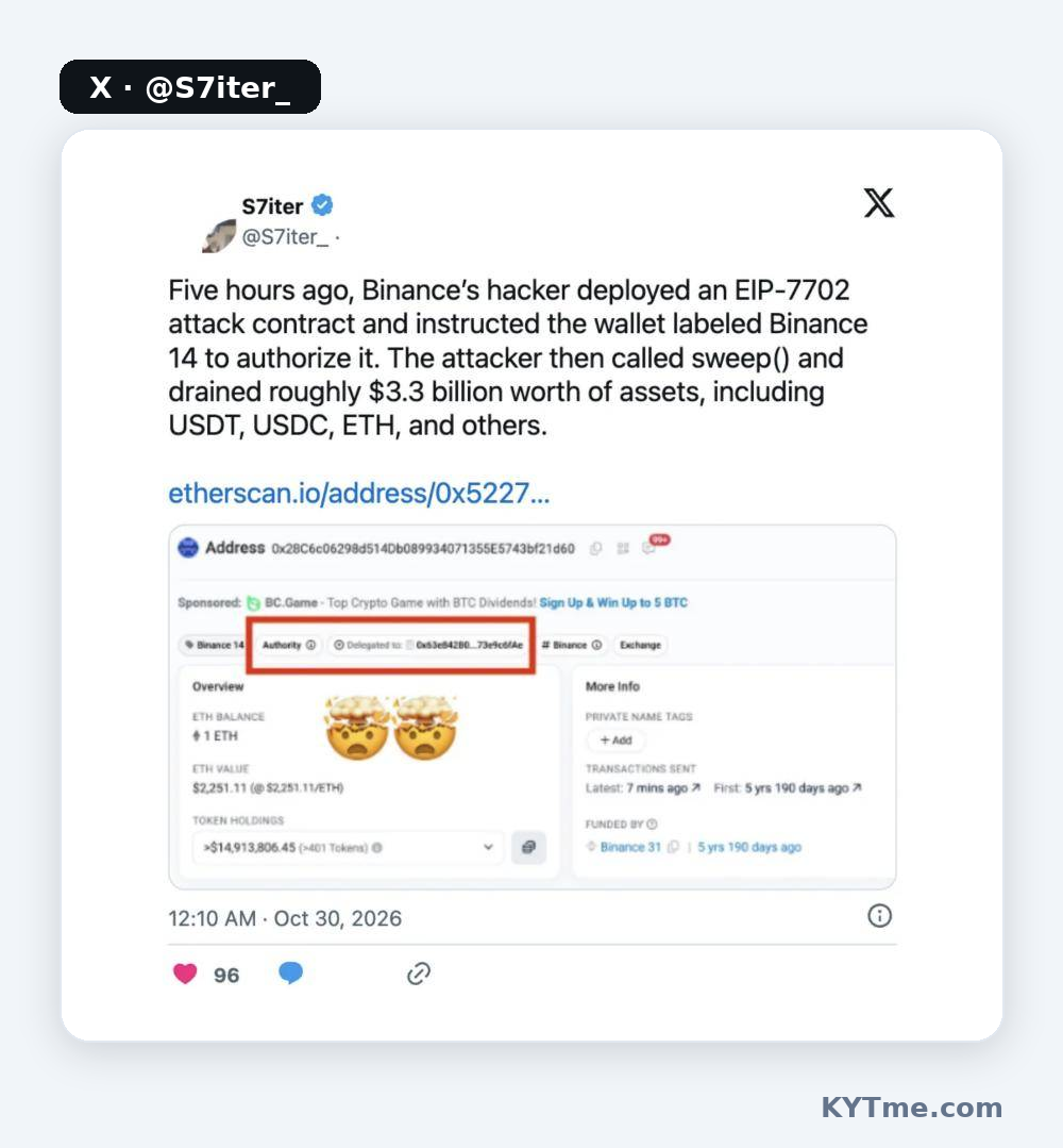 O block explorer mostra a Binance 14 delegada ao contrato do invasor