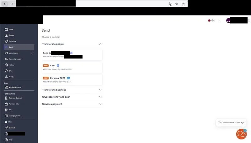 Captura do novo menu de envio de recursos. Site novo: o menu de envio oferece agora envio a um cliente, cartão e transferências SEPA pessoais; o SBP e as recargas de celular não aparecem mais no menu principal. (em 1 de setembro de 2026)
