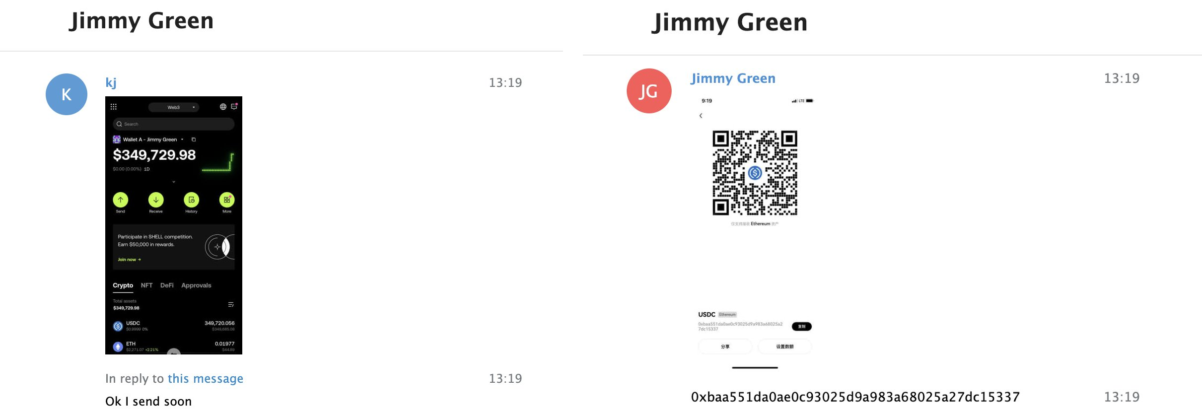 The start of the deal: ZachXBT's wallet with 349,700 USDC and Jimmy's receiving address (source: ZachXBT)