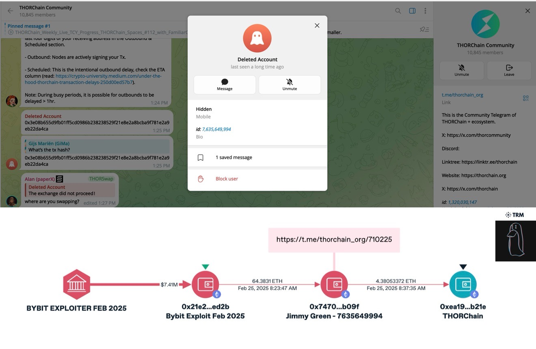 Deleted account with Jimmy Green's ID in the THORChain chat and his transfer of Bybit funds (source: ZachXBT, TRM