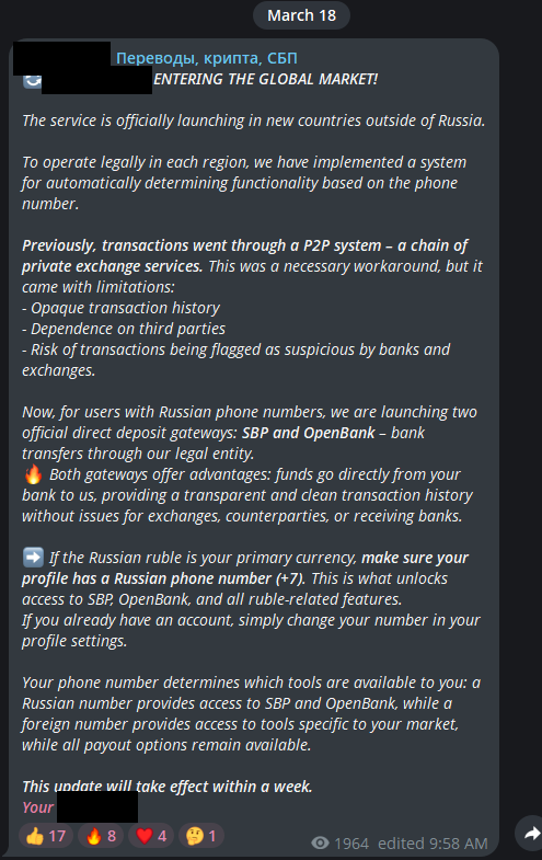 Platformun Telegram paylaşımının ekran görüntüsü. Platformun Telegram paylaşımı, Mart 2026.