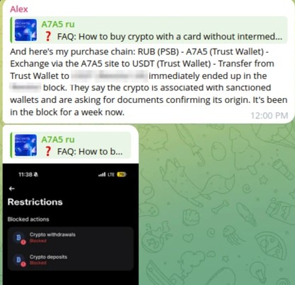 An A7A5 user reports that USDT received after an A7A5 exchange were blocked by a major crypto exchange, presumably due to sanctions restrictions