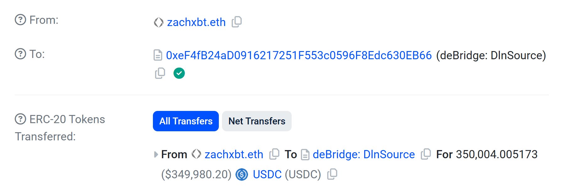 Una transferencia de 350,004 USDC desde el monedero zachxbt.eth hacia el puente deBridge (fuente: r4nk0X, Etherscan)