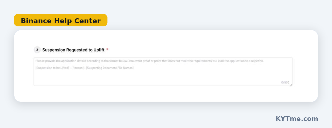 Formulário de recurso do Binance P2P: restrição a remover, motivo e lista de arquivos