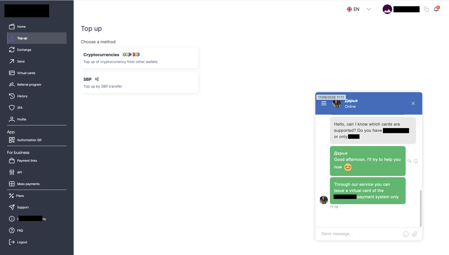 Captura do antigo menu de depósitos da plataforma. Site antigo: menu de recarga de cartões virtuais com opções de depósito em criptomoedas e transferência por SBP. (em 17 de junho de 2026)